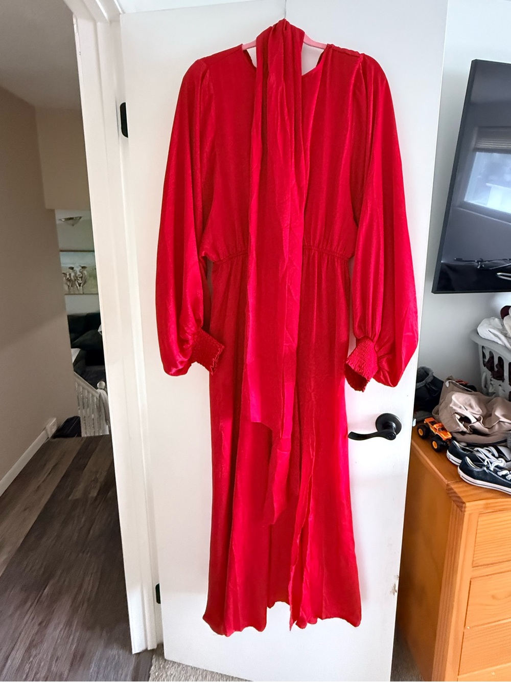 Aura Vibrant Red Maxi Dress with Tie-Neck